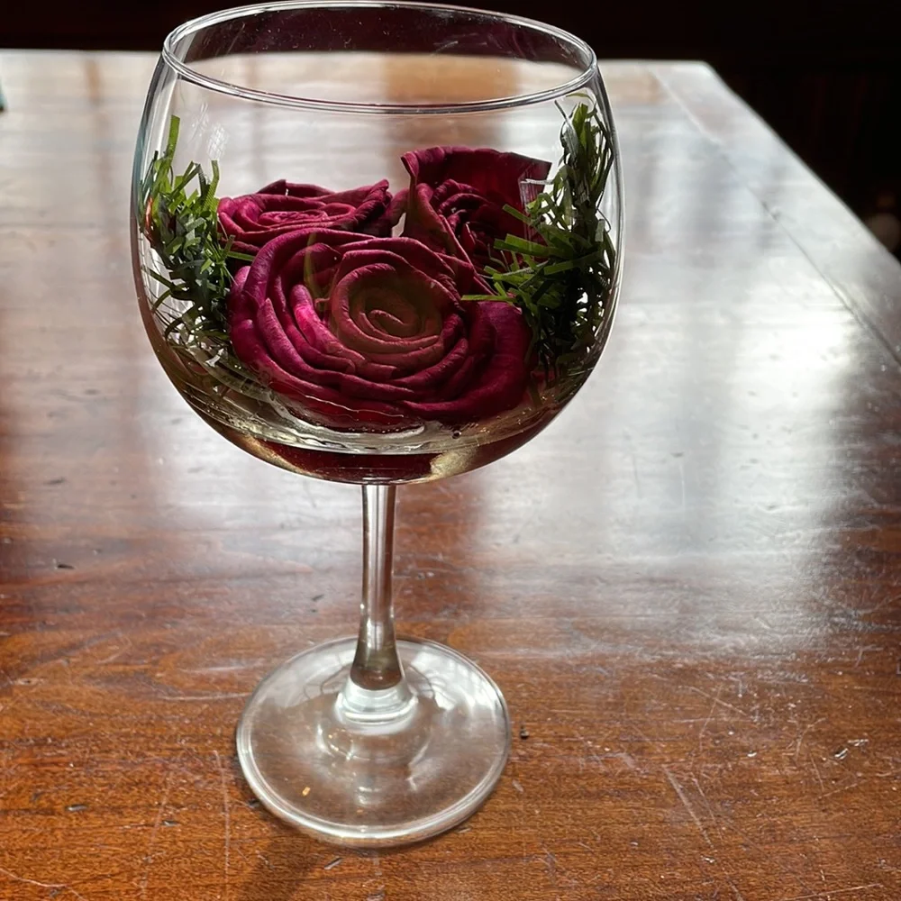 Handcrafted paper roses imbedded in resin in glass goblet 🌹